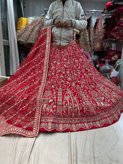 Lehenga nupcial con vuelo enorme de rani rojo de última diseñadora