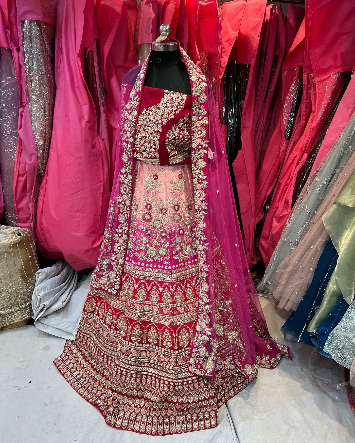 Double tone omre pink handwork peacock feather Lehenga