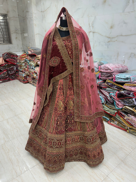 Lehenga rosa de diseñador con doble dupatta