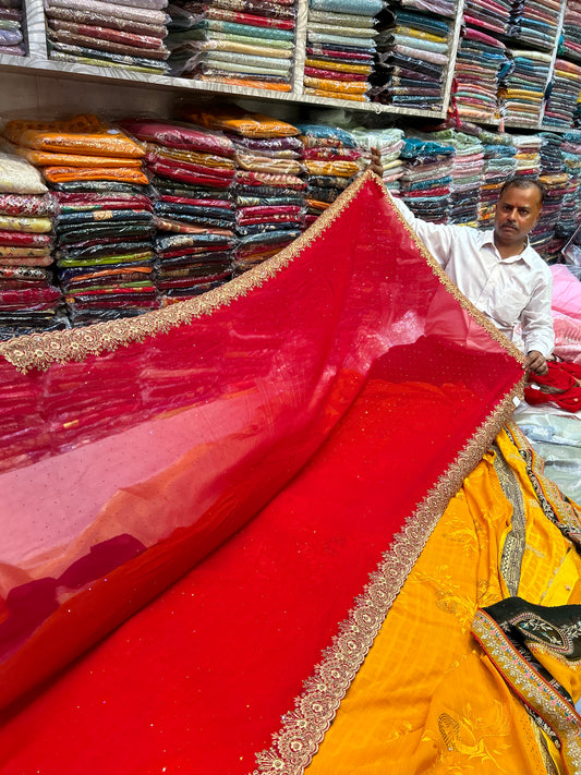 Sari rojo de diseño con borde grueso