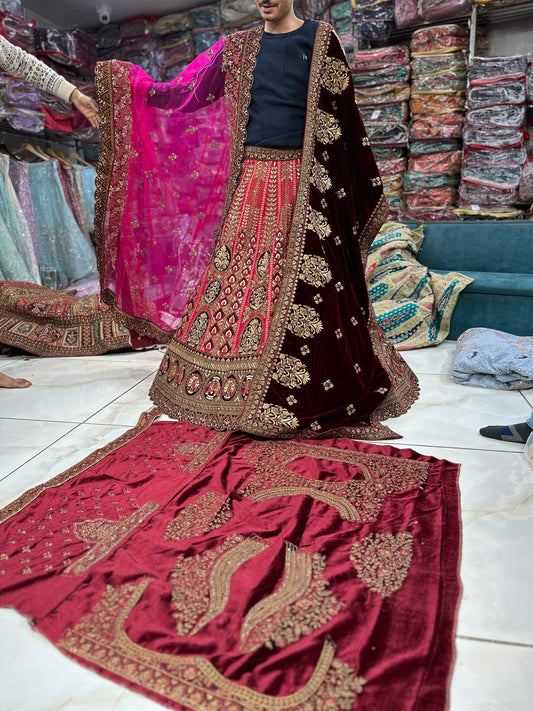 Delightful maroon double Duptta bridal lehenga