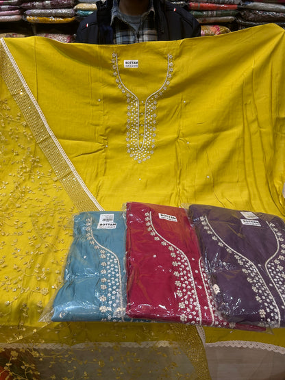 Impresionante material de vestido de traje salwar sin coser de mehendi haldi amarillo (talla única)