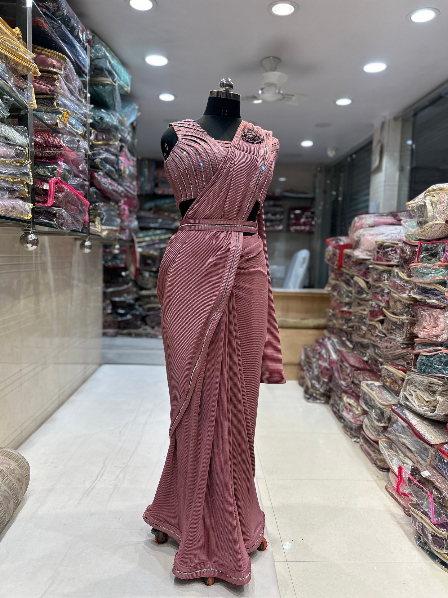 Amazing peach pink drape ready to wear saree