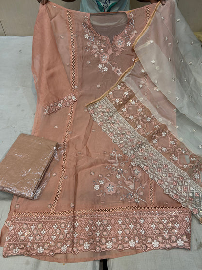 Pink Designer Unstitched Suit with color pure organza