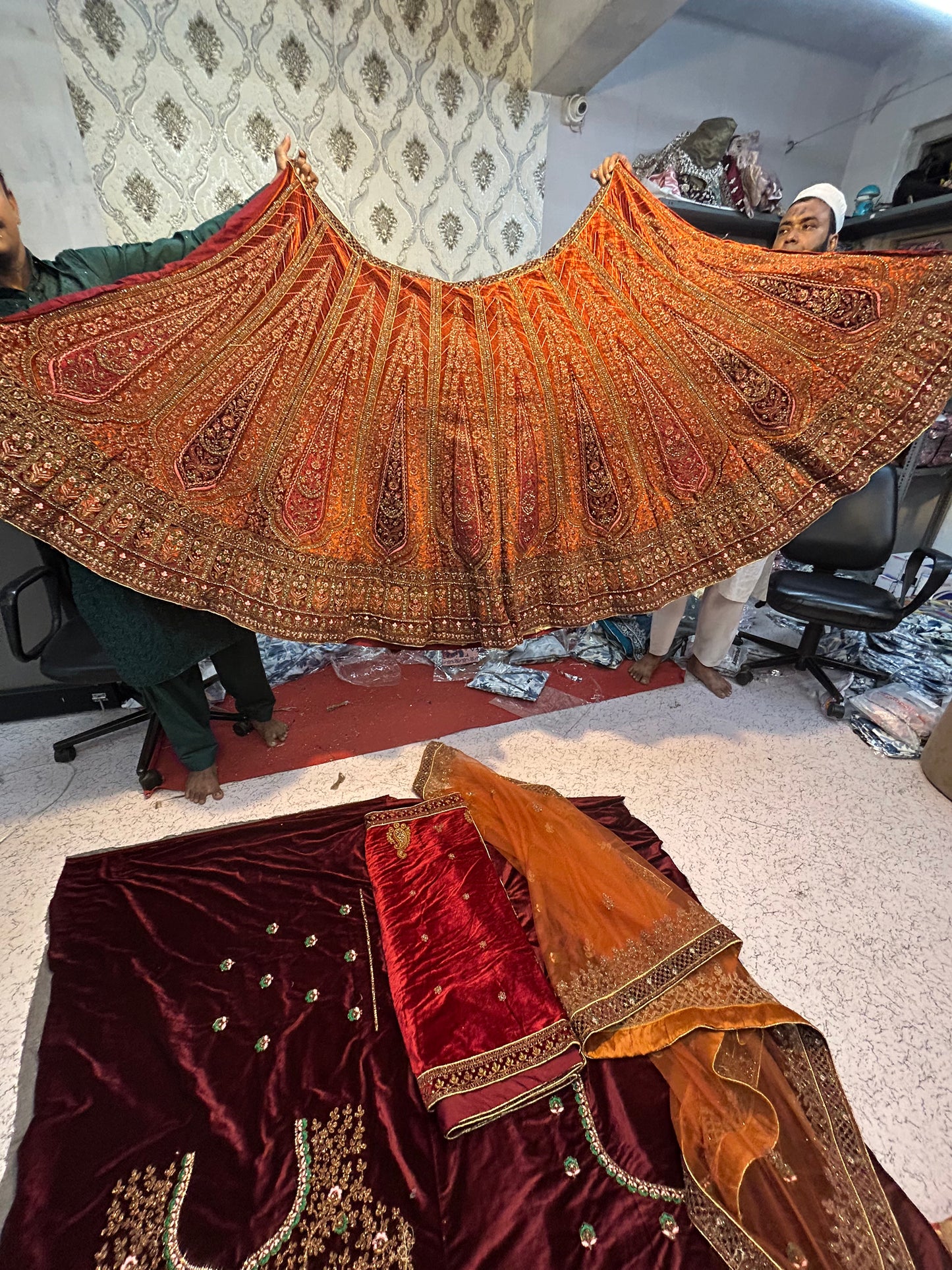 Mustard orange double duptta bridal lehenga