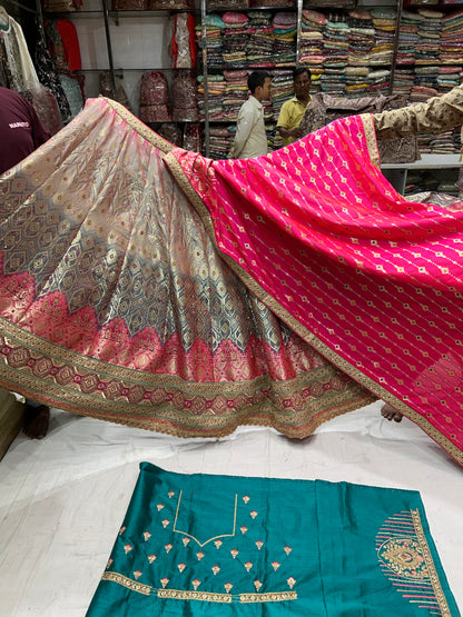 Astonishing Contrast Banarasi pink and Blue Lehenga