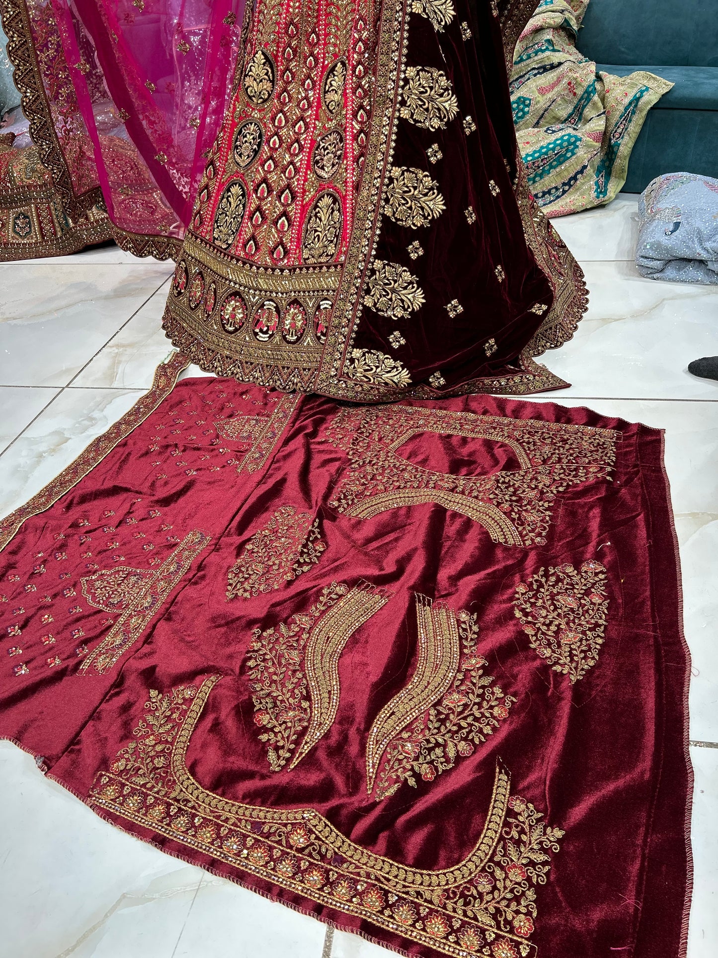 Delightful maroon double Duptta bridal lehenga