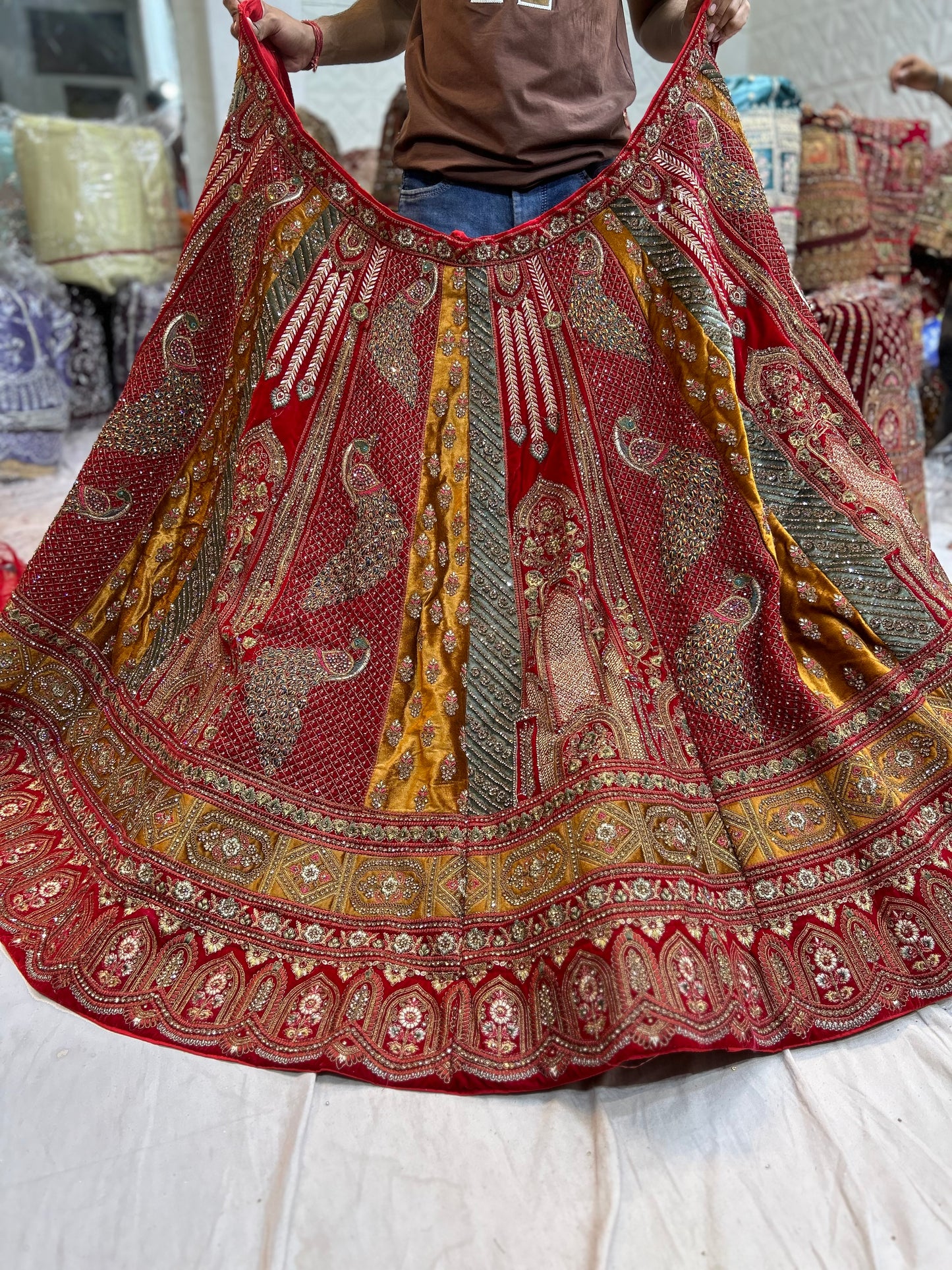 Pleasing peacock Handwork red bridal lehenga