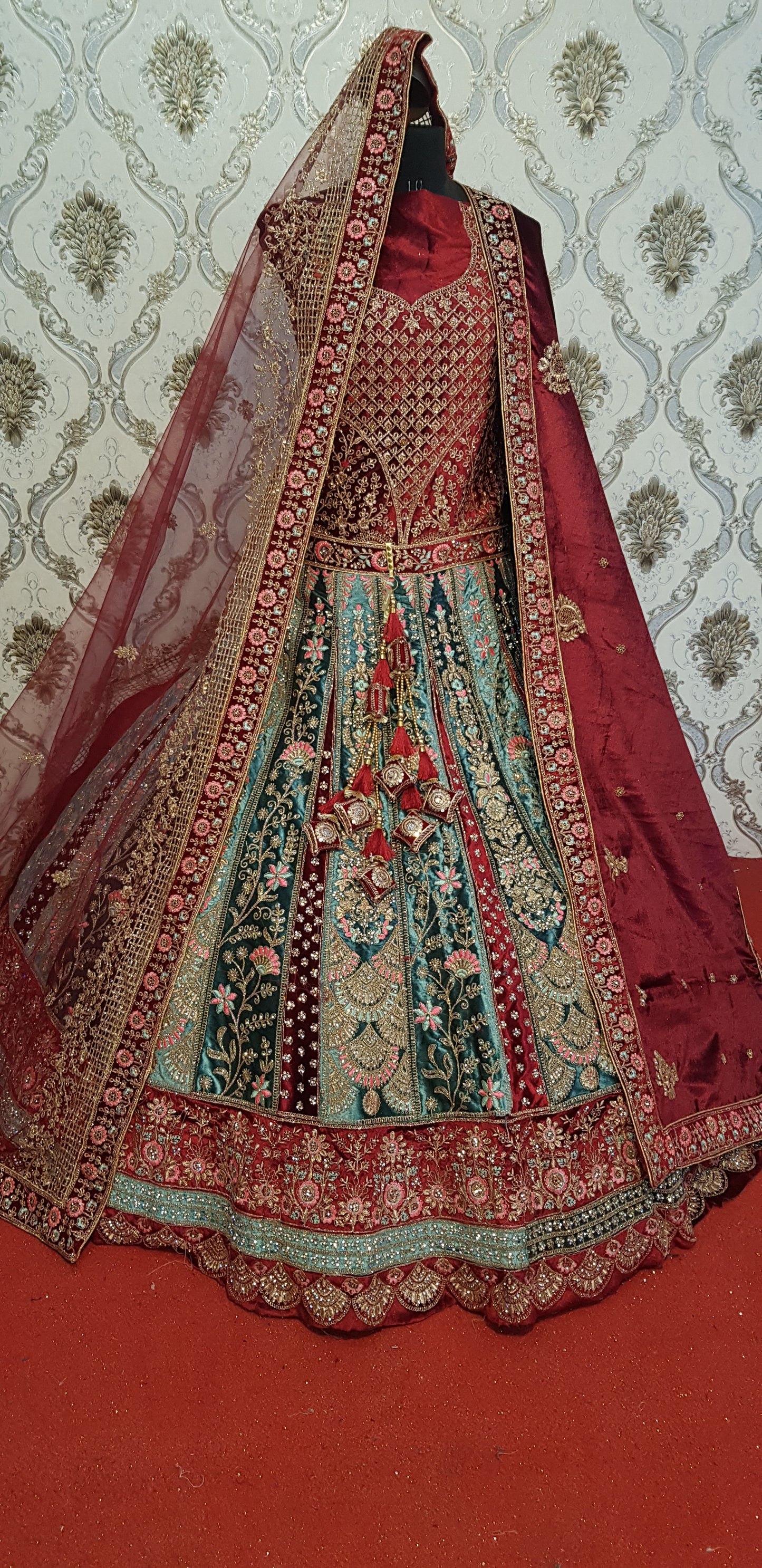 Beautiful green maroon Double dupatta bridal Lehenga