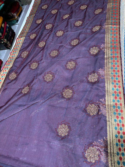 Purple golden heavy border saree