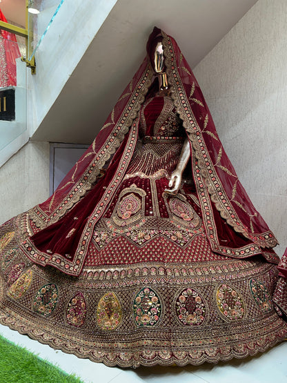 Something different maroon double duptta bridal lehenga