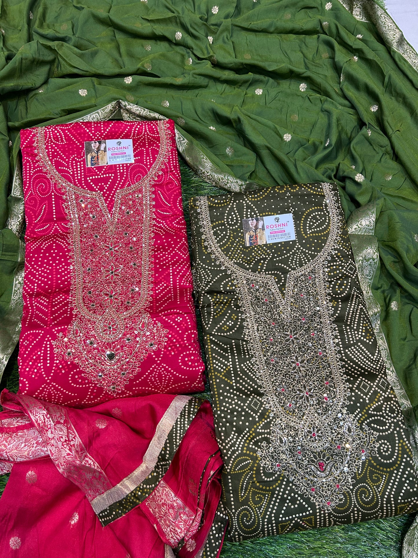 Good looking pink green unstitched salwar suit dress material(free size)