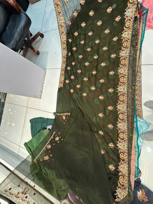 Bottle green designer saree