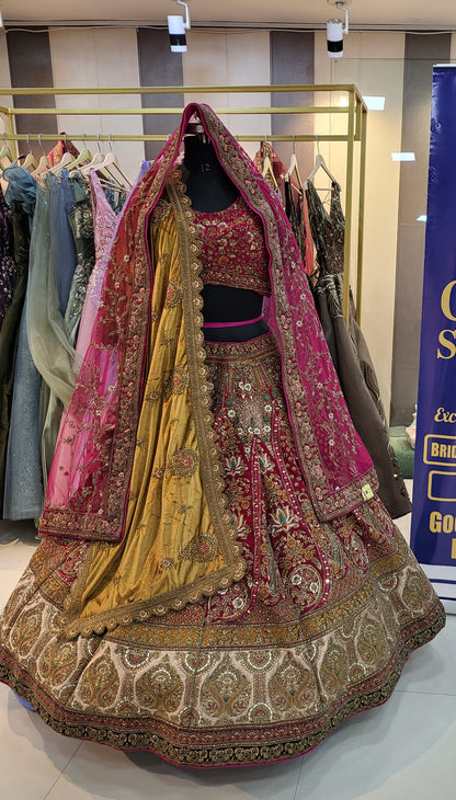 Lovely pink ivory golden double dupatta bridal lehenga