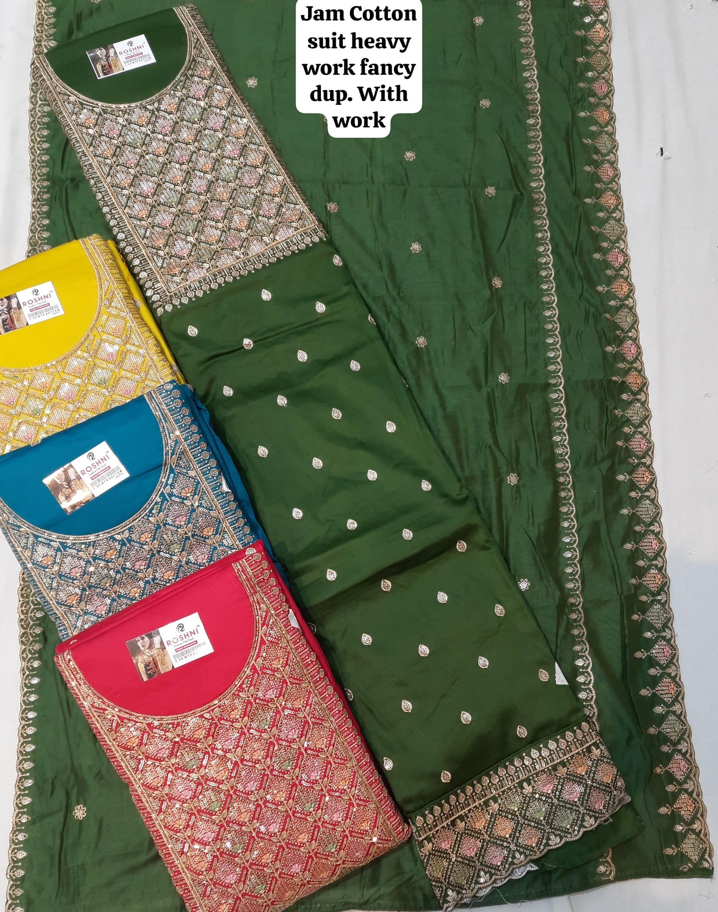 Fancy dark green jam cotton unstitched Salwar suits dress material (free size)