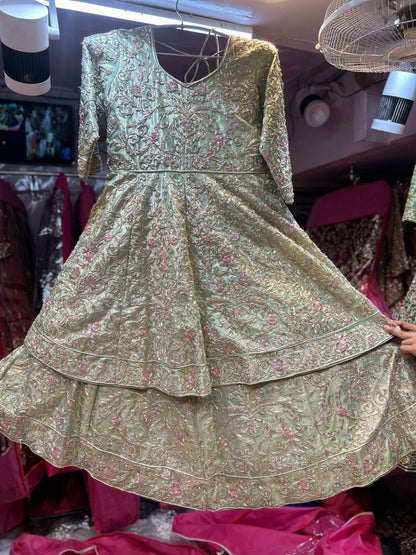 Awesome Pista green full sleeves Handmade Zardozi Dabka Peplum long Dress Farshi Gaharara Pakistani Bridal Dress Muslim Special