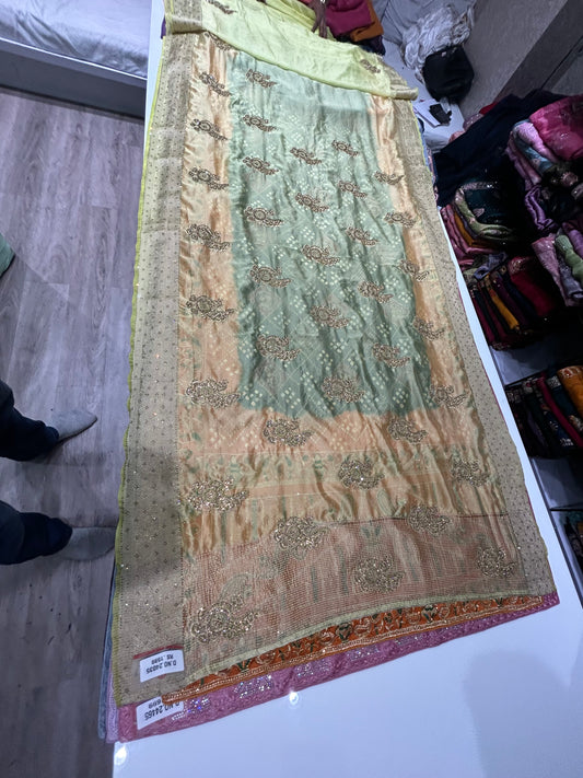 Bandhani Print beige green saree