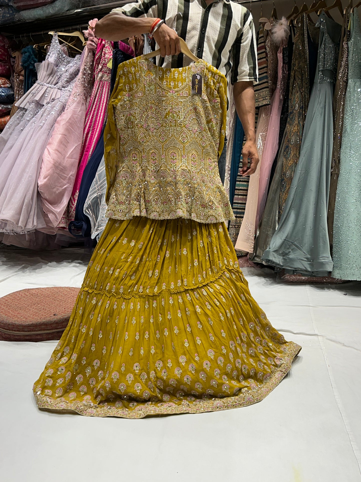 Haldi mehendi Peplum yellow crop top lehenga