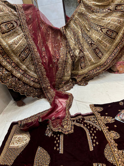 Heavy maroon pure handwork bridal Lehenga