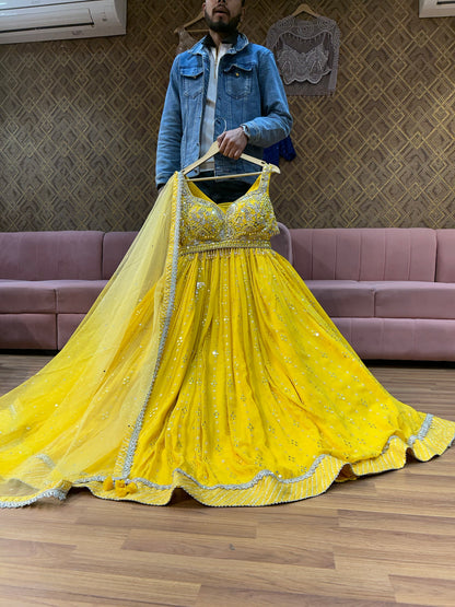 Lovely yellow haldi mehendi crop top lehenga