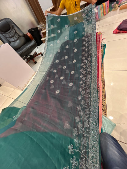 Engaging Aqua blue green saree