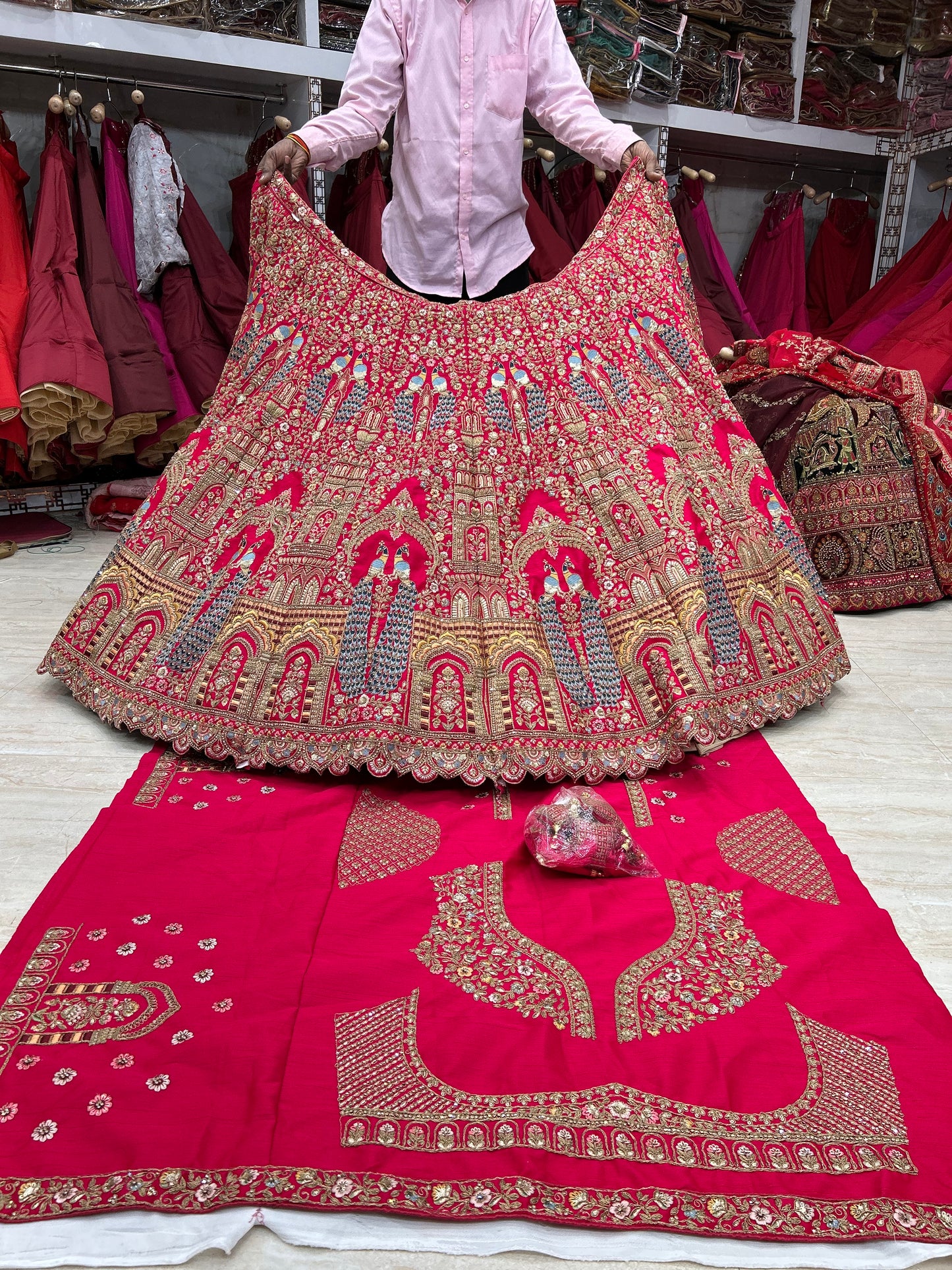 Cute red peacock bridal lehenga