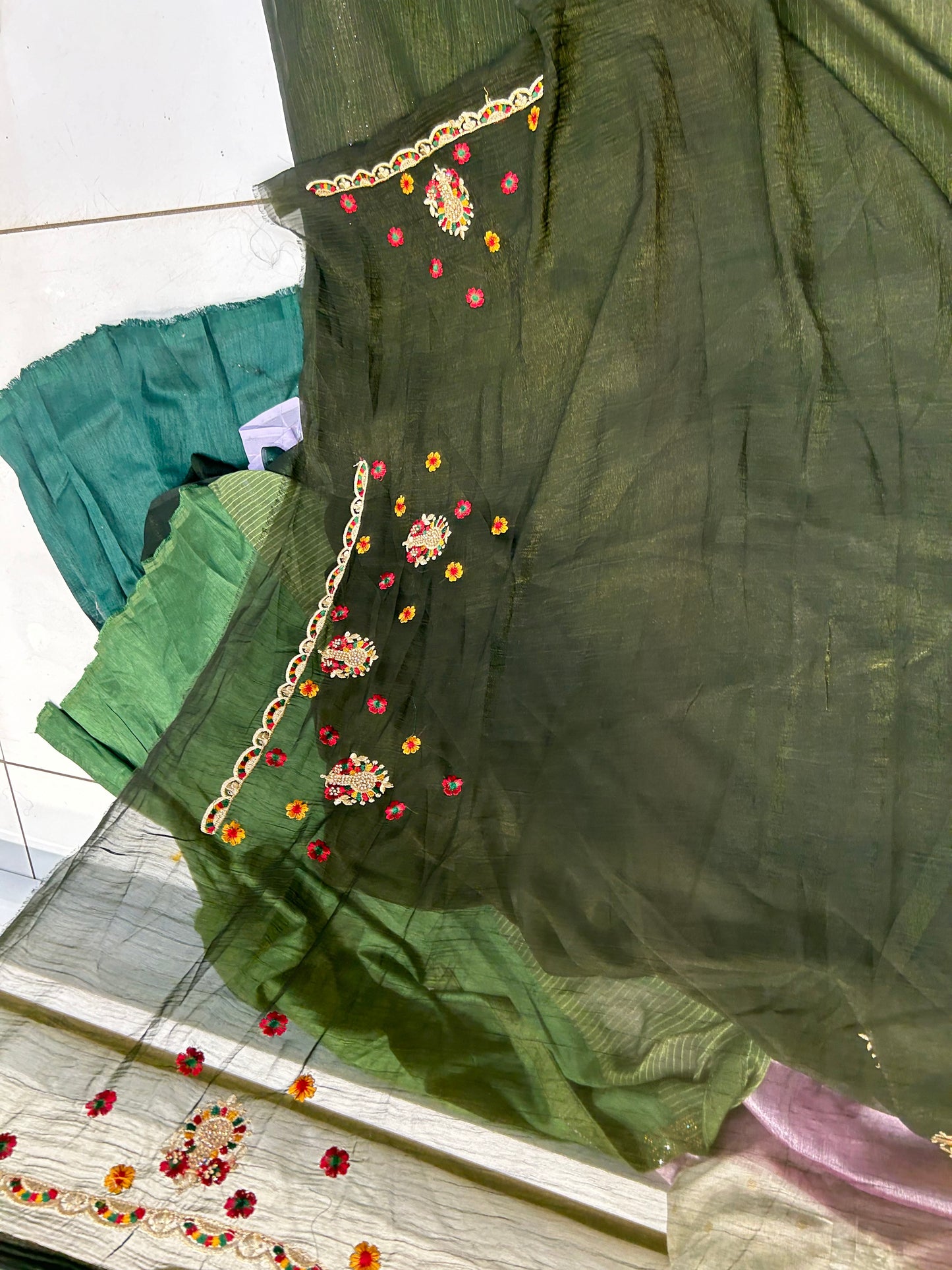 Bottle green designer saree