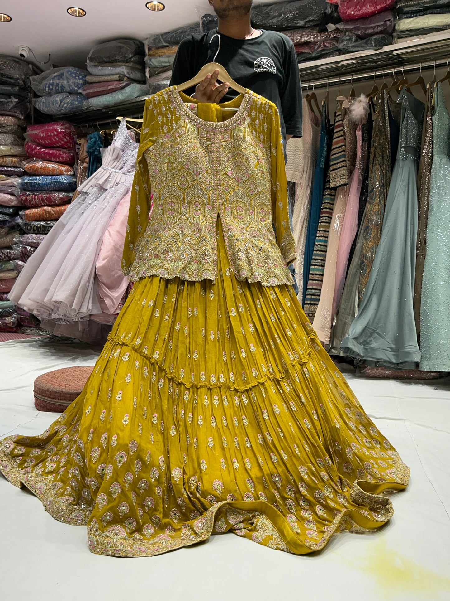 Haldi mehendi Peplum yellow crop top lehenga