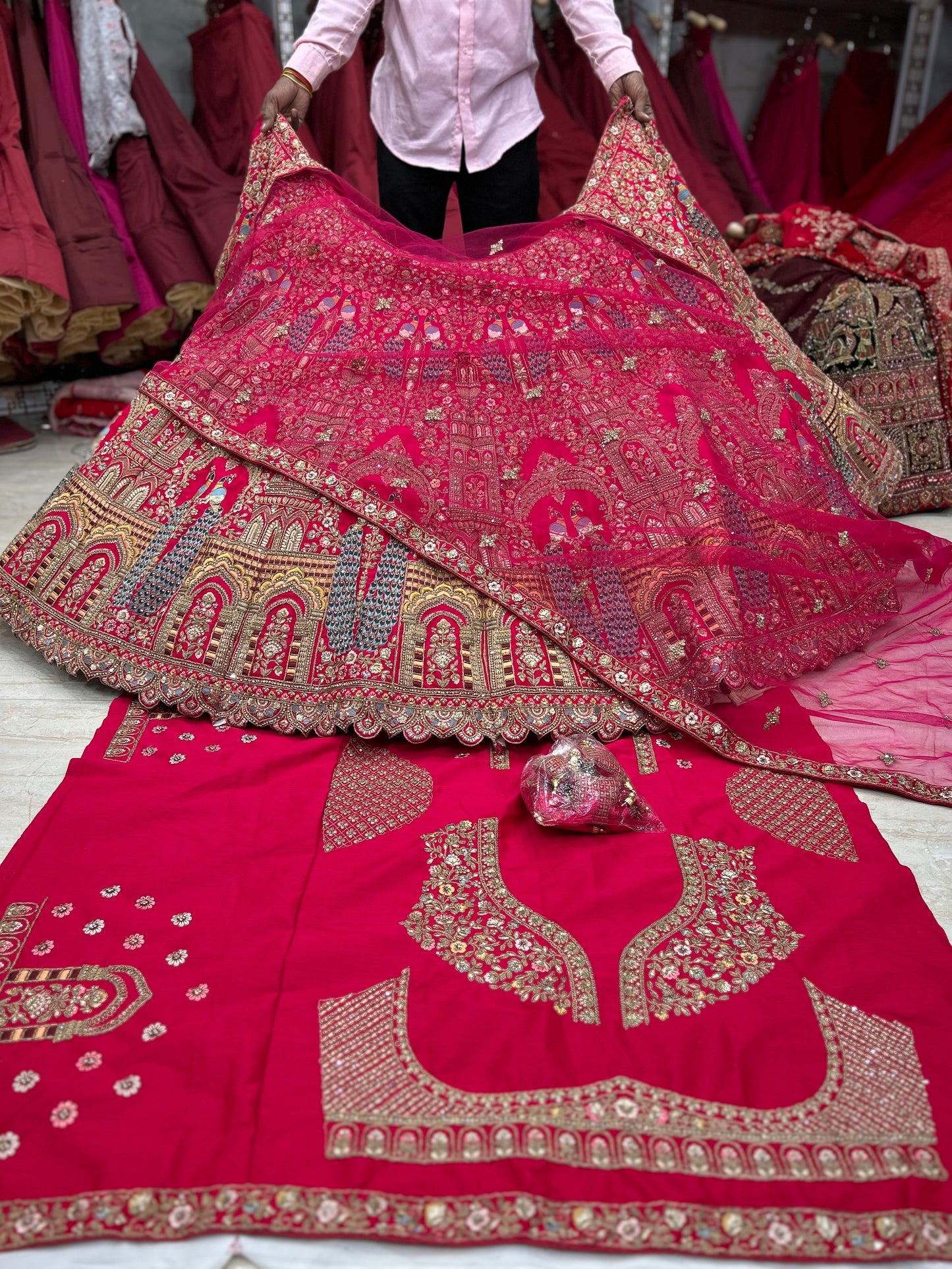 Cute red peacock bridal lehenga