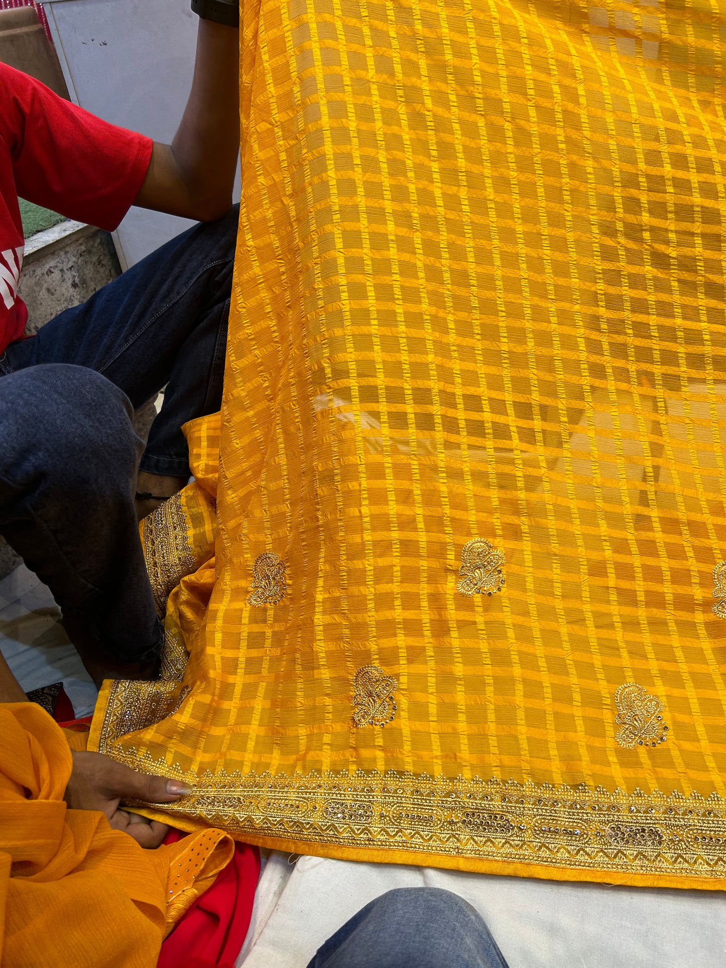 Yellow haldi mehendi heavy border saree