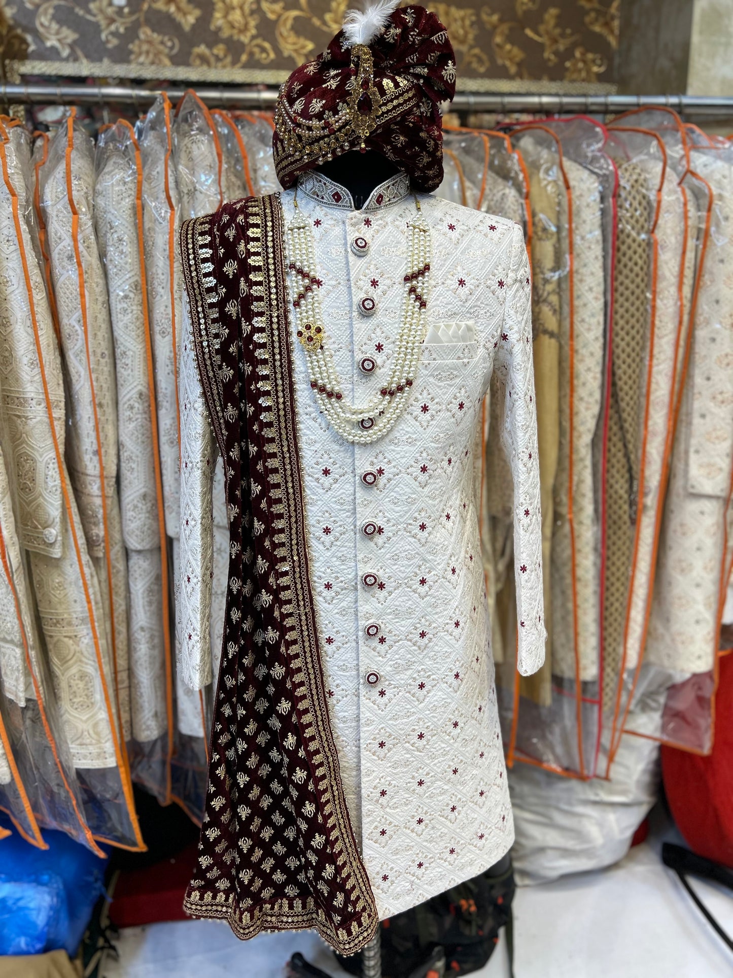 Royal Cream maroon Sherwani