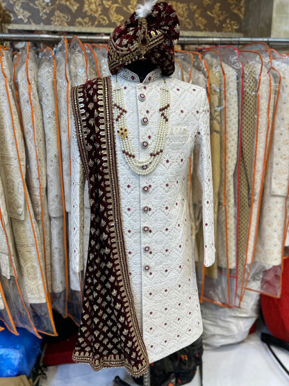 Royal Cream maroon Sherwani