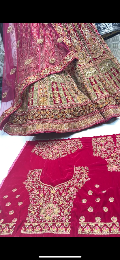 Heavy corset blouse handwork Red Bridal Lehenga