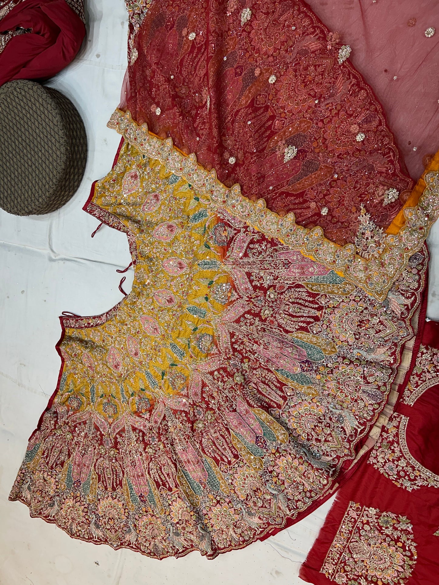 Astonishing Red yellow Peacock Handwork Lehenga