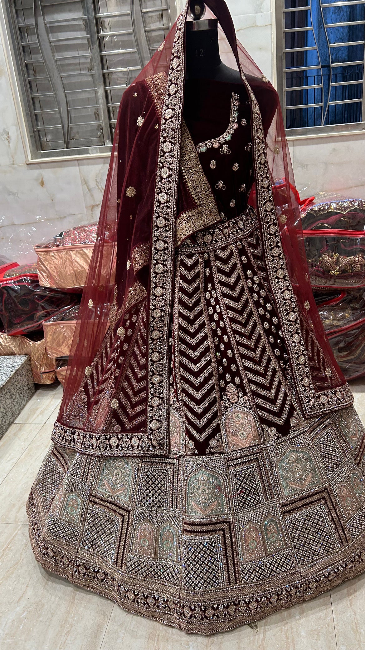 Hot maroon lehenga double dupatta