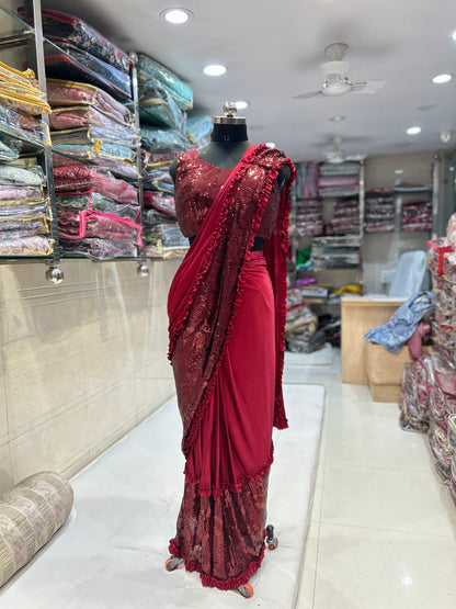 Glamorous cherry red drape ready to wear saree