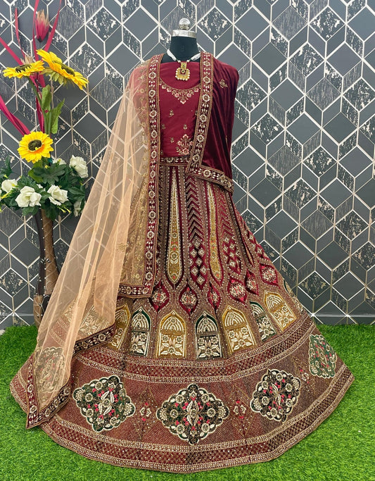 Atractiva lehenga nupcial de doble dupatta color granate