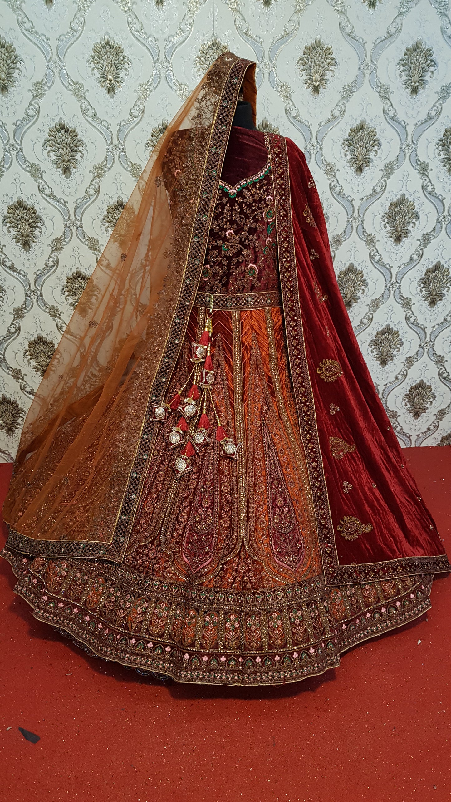 Lovely mustard maroon bridal Lehenga Double dupatta