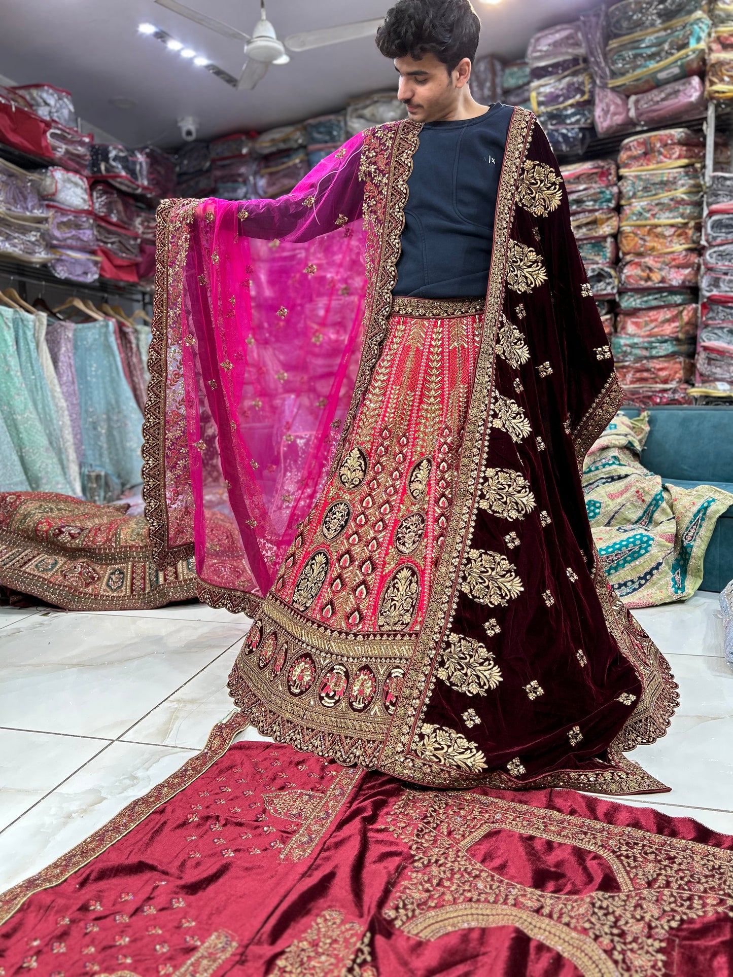 Delightful maroon double Duptta bridal lehenga