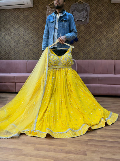 Lovely yellow haldi mehendi crop top lehenga