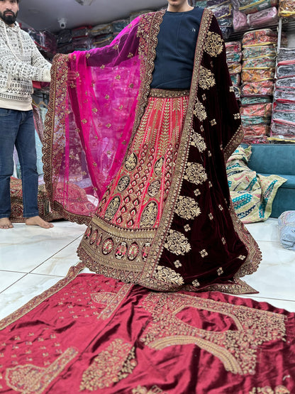 Delightful maroon double Duptta bridal lehenga