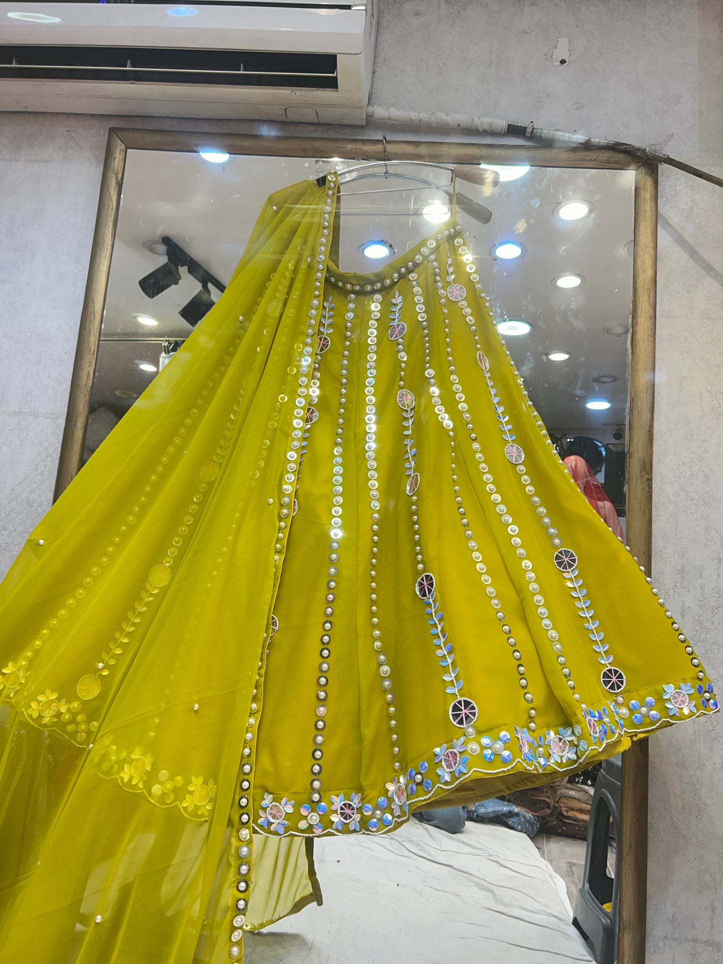 Yellow haldi mehendi mirror work Lehenga