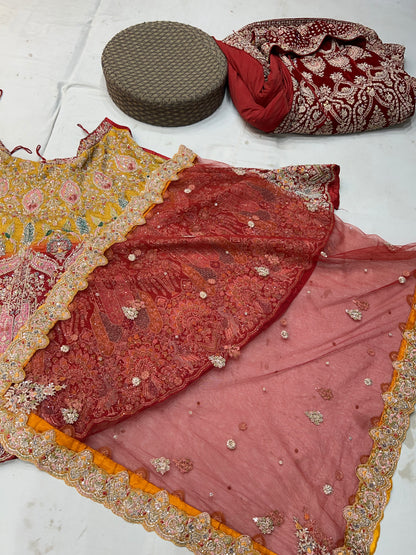 Astonishing Red yellow Peacock Handwork Lehenga