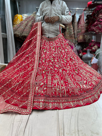 Lehenga nupcial con vuelo enorme de rani rojo de última diseñadora