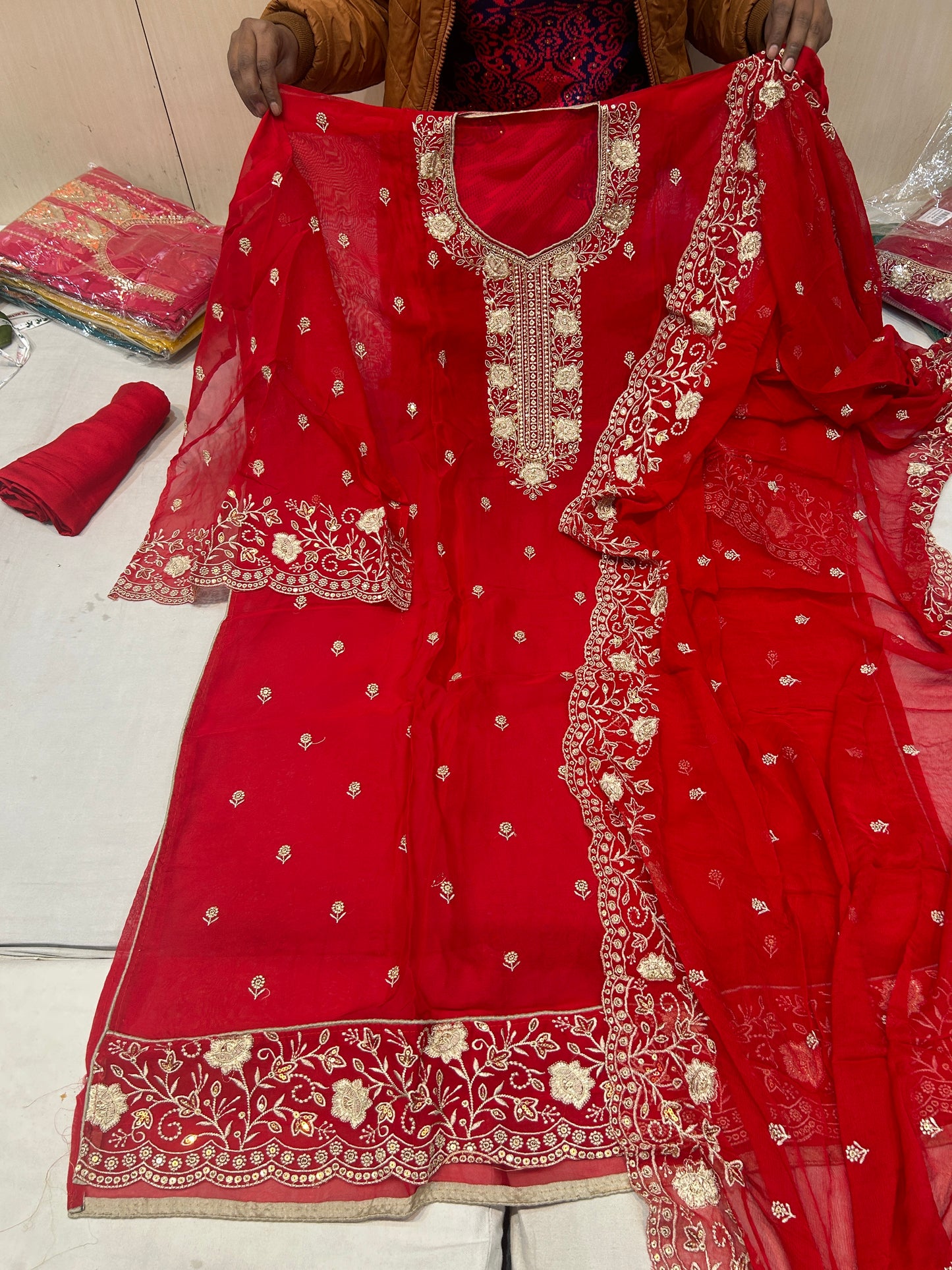 Red Fancy women Unstitched Suit