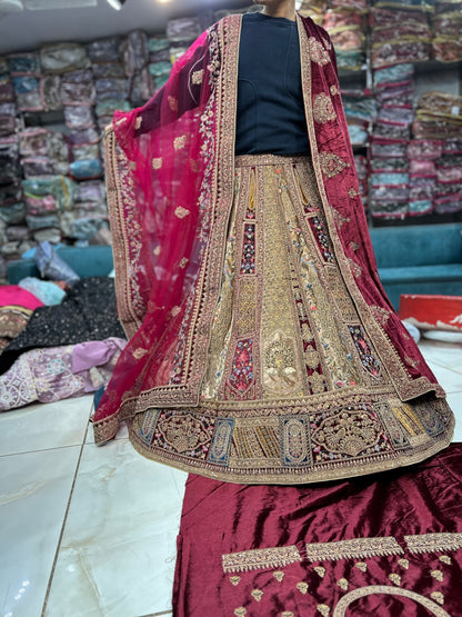 Attractive maroon double duptta bridal lehenga