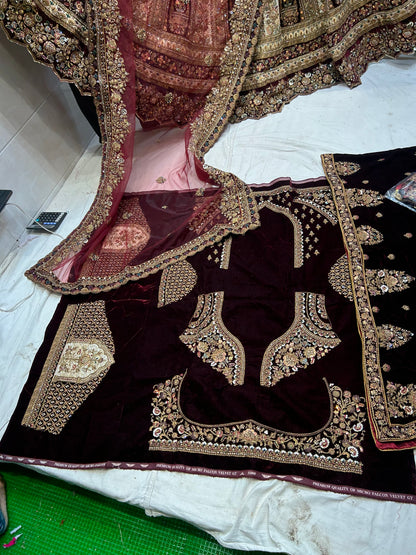 Heavy maroon pure handwork bridal Lehenga