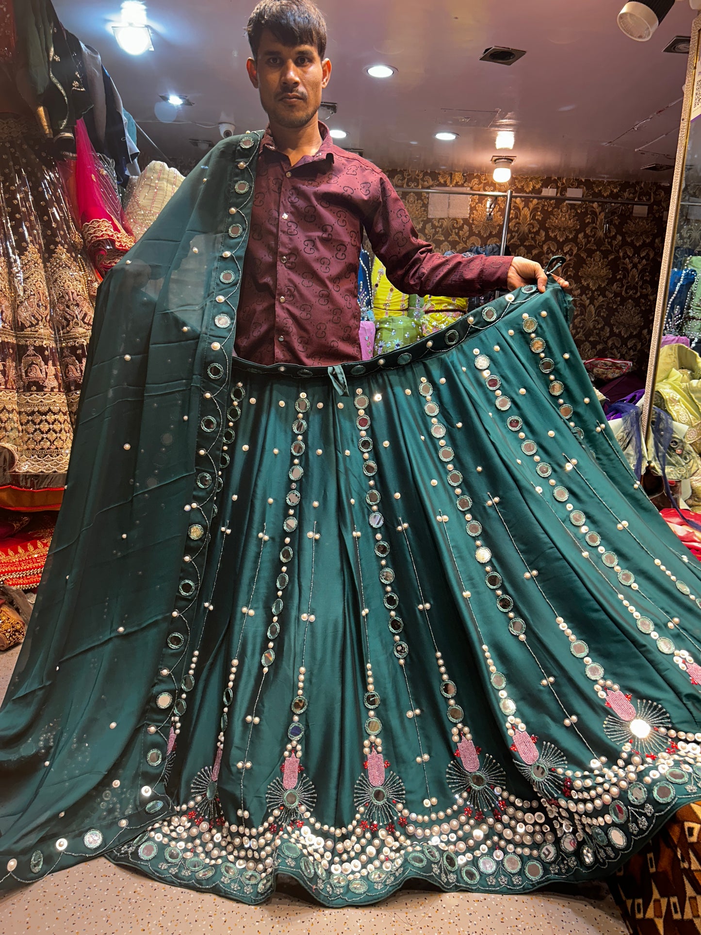 Fantastic Rama green Mehendi Lehenga