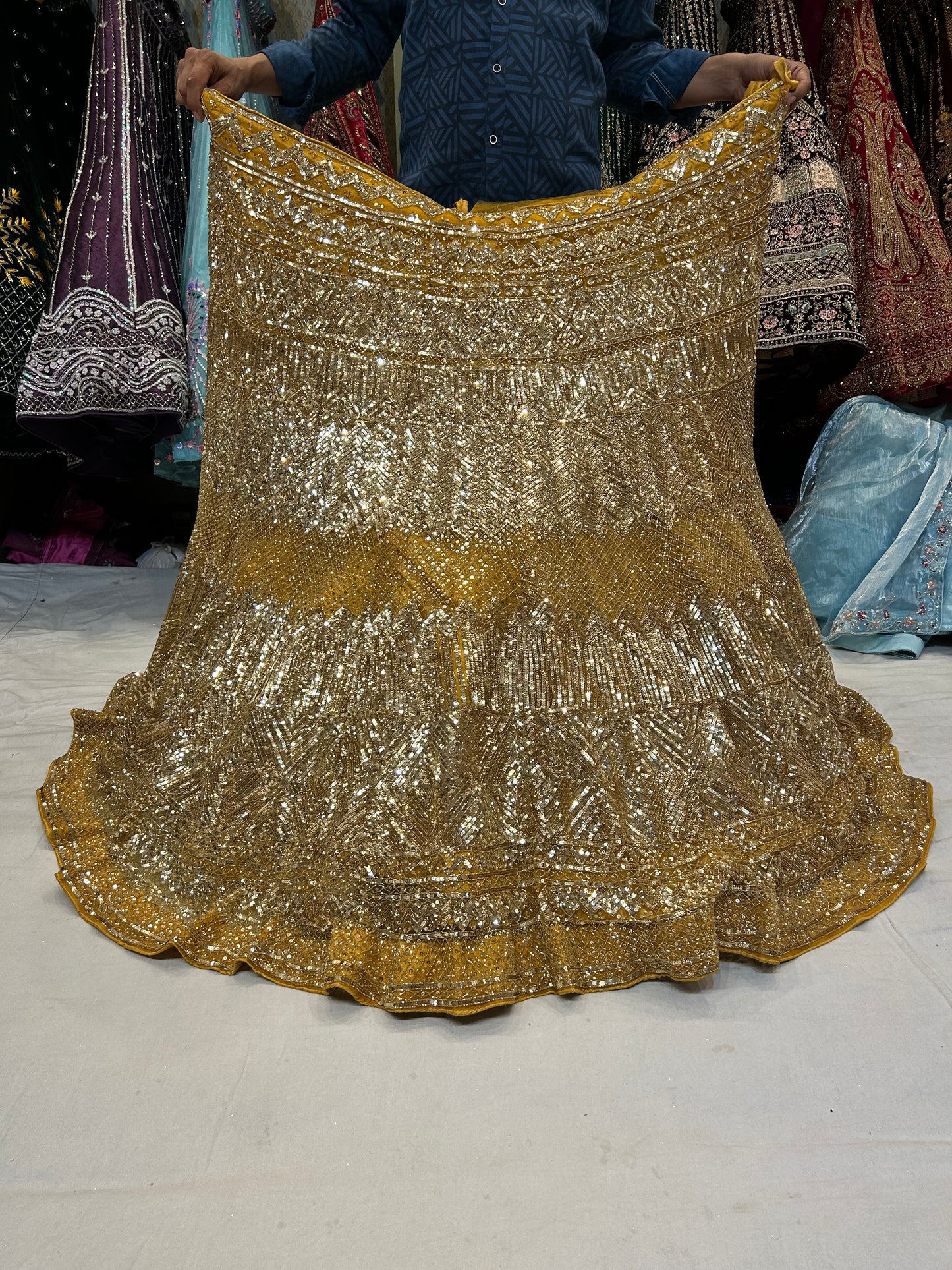 Haldi mehendi golden Lehenga