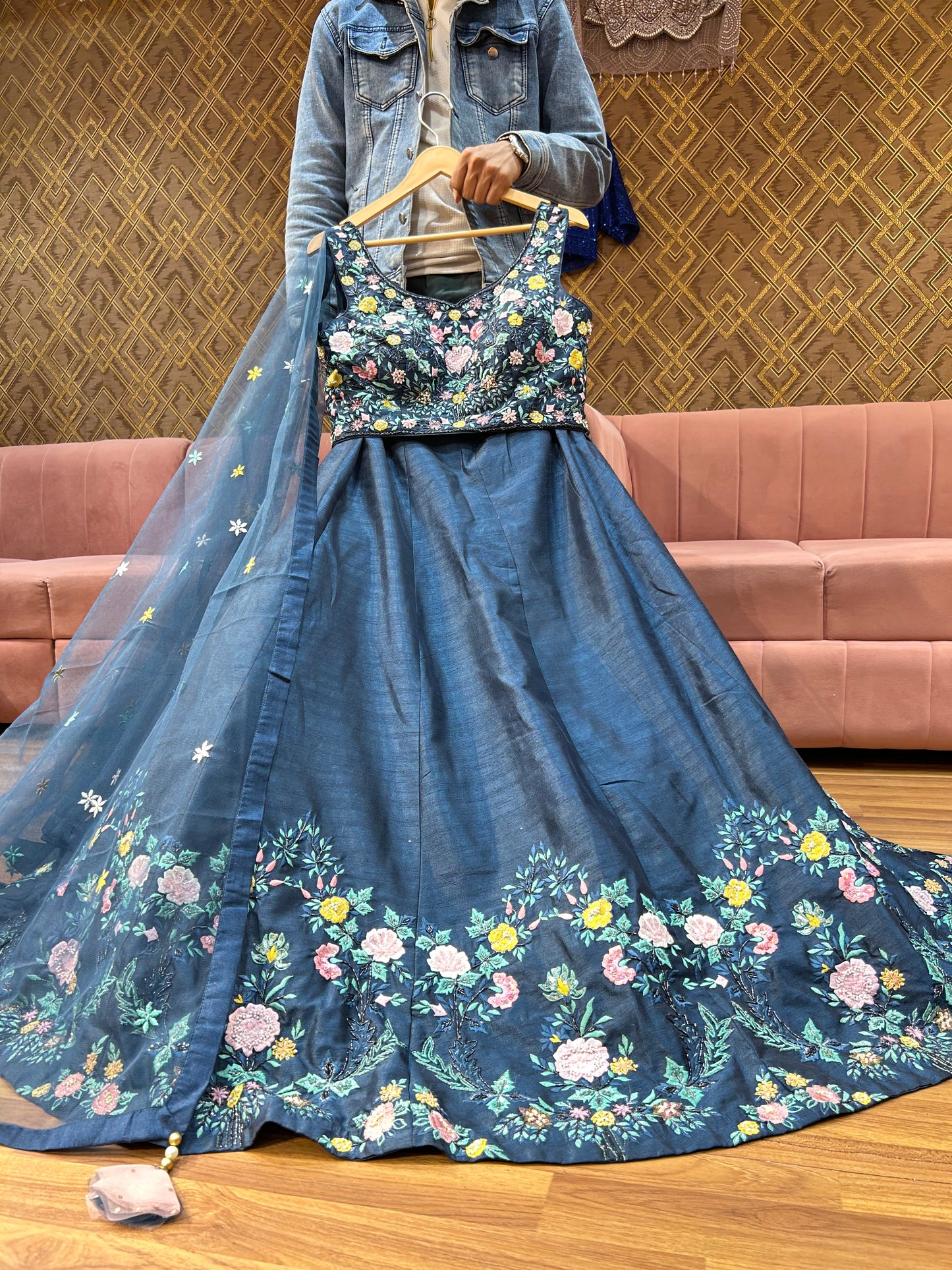 Eye catching dark blue crop top lehenga